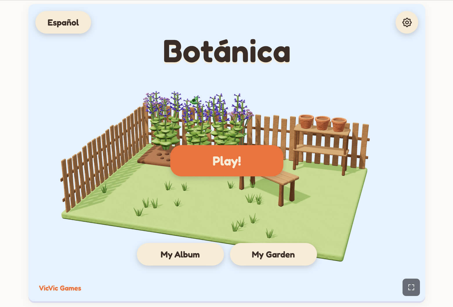 The Botánica main menu, a garden with salvias and a fence