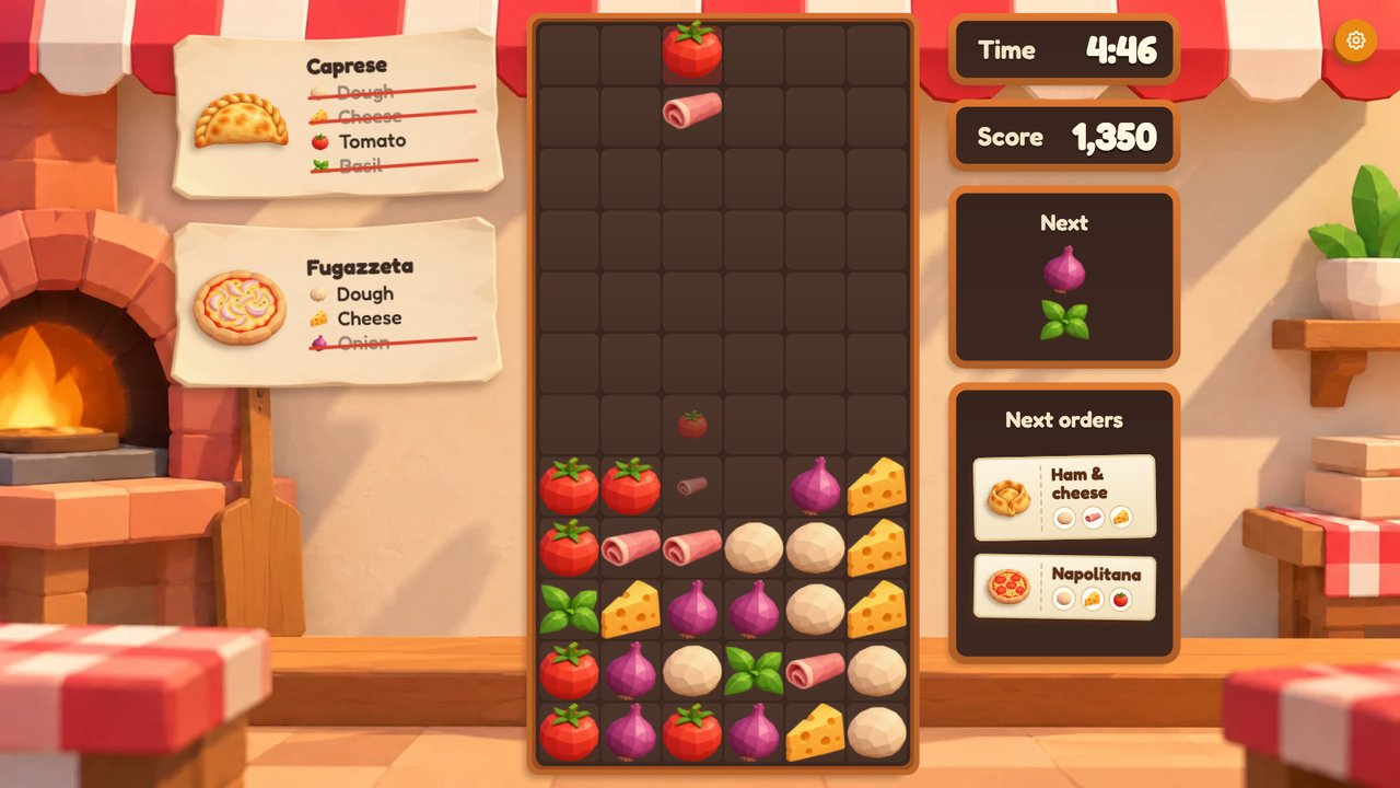 A run in the kitchen: the board stacked with tomatoes, onions, ham, cheese and dough, a caprese empanada and a fugazzeta on the orders, half their ingredients crossed off