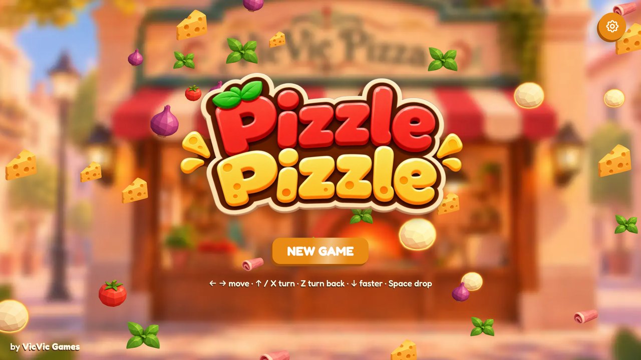 The Pizzle Pizzle title screen: the logo over a pizzeria with a red and white awning, ingredients floating around it