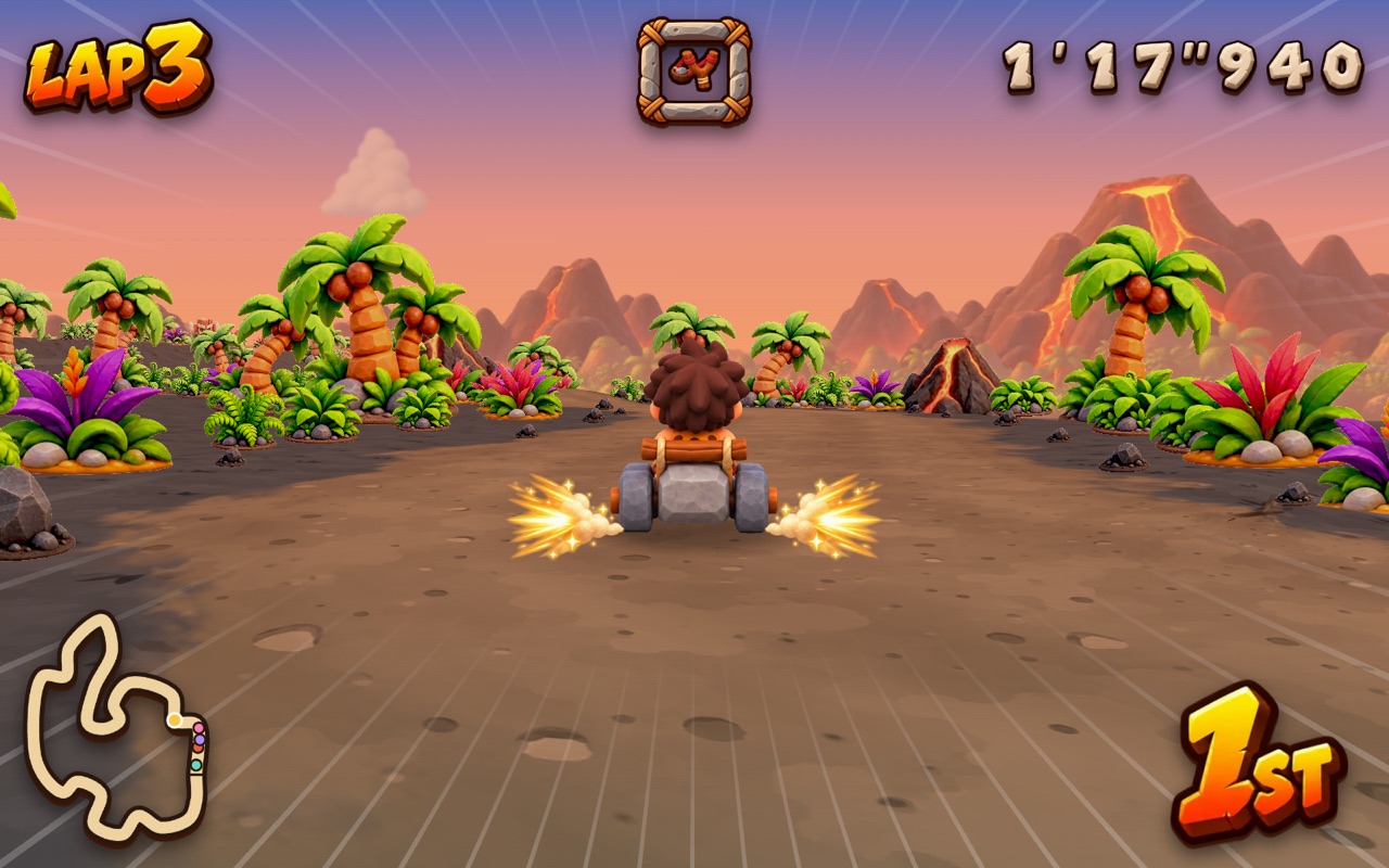 Bongo in first place on Smoking Volcano, sparks under his wheels and lava on the mountains behind