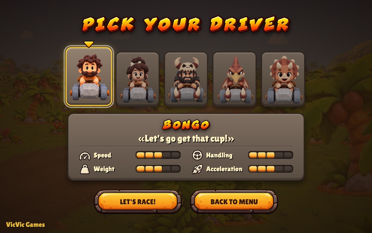 The driver select screen with Bongo, Tika, Brakk, Zuzu and Nibb