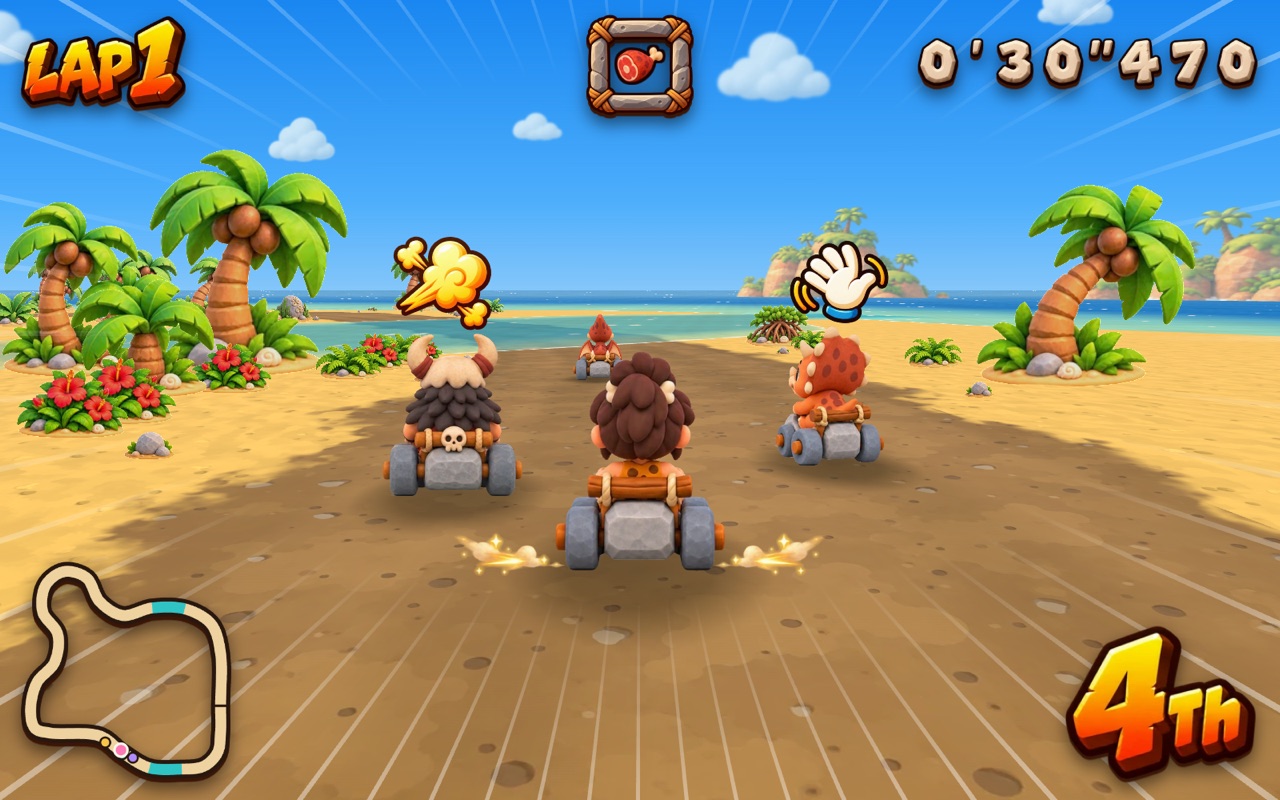Bongo on Coconut Coast with a piece of meat in the item box, behind three other karts, with the sea at the back