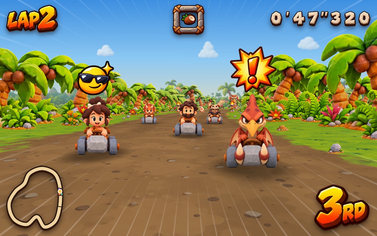 A race in Stone Valley: Tika and a pterodactyl driver side by side, with Bongo and three more karts behind them between the palm trees