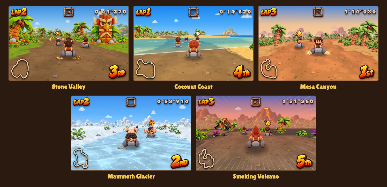 The five tracks: Stone Valley, Coconut Coast, Mesa Canyon, Mammoth Glacier and Smoking Volcano